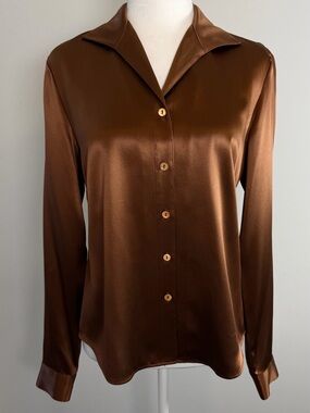 Lafayette 148 New York Chocolate Brown Silk Button-Down Blouse Size 6